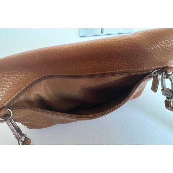 Fossil Camel Pebble Leather Monica Turnlock Crossbody Clutch Bag Purse - Picture 8 of 10